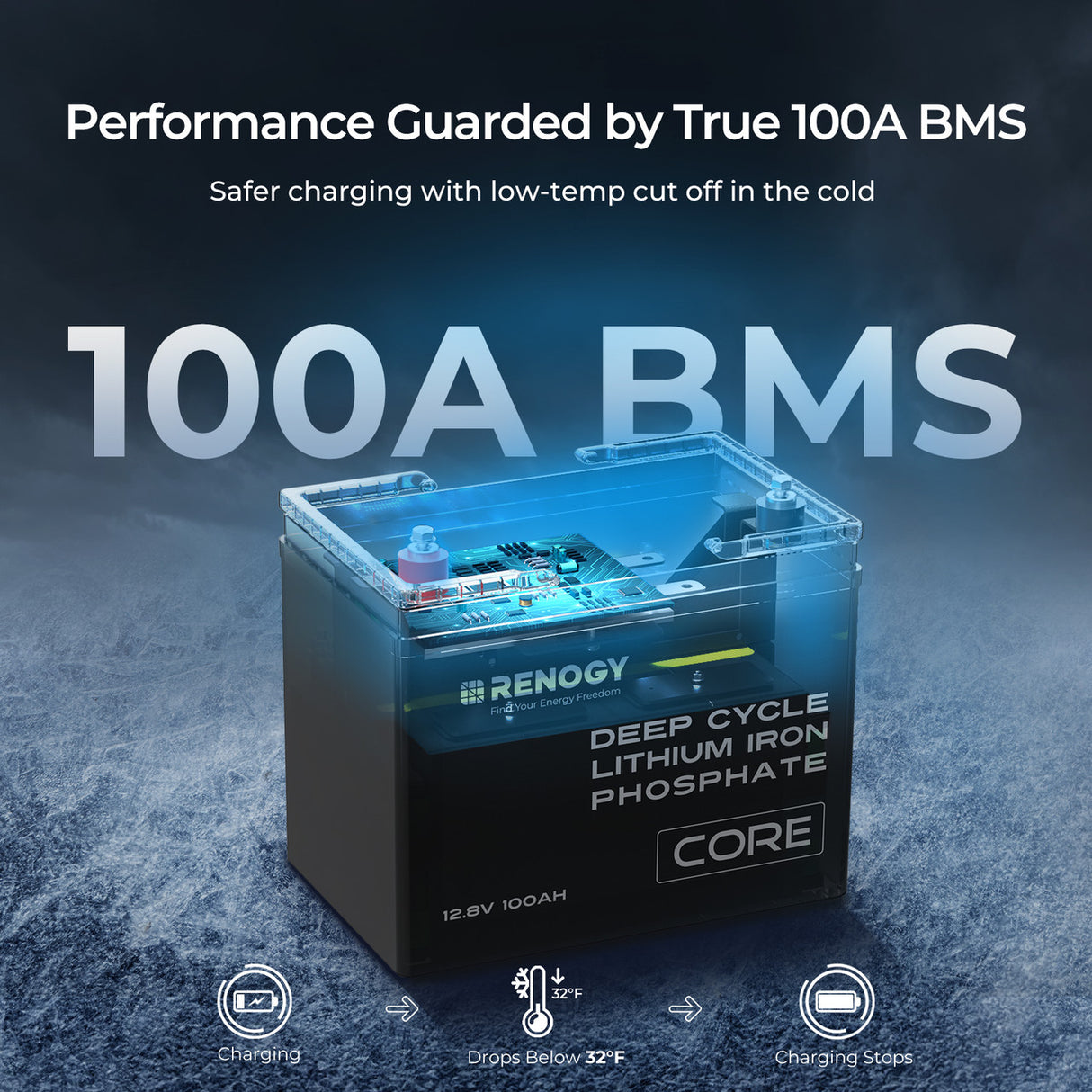 Renogy 100Ah Deep Cycle Lithium Iron Phosphate Battery Performance Guarded By True 100A BMS