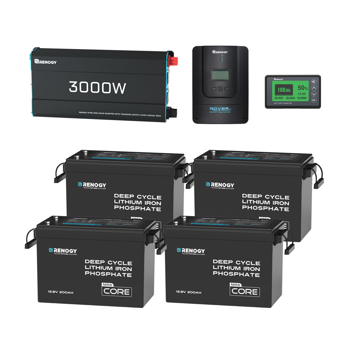 Renogy 10.24kWh Off-Grid Caravan Power Kit (12V) | 4×200Ah LiFePO₄ + 3000W Inverter-Charger + 60A MPPT + 500A Shunt | Optional 800W N-Type Solar