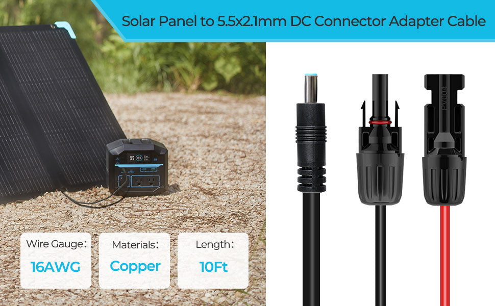 10Ft 16AWG Solar Connector to 5.5x2.1mm DC Connector Adapter Cable