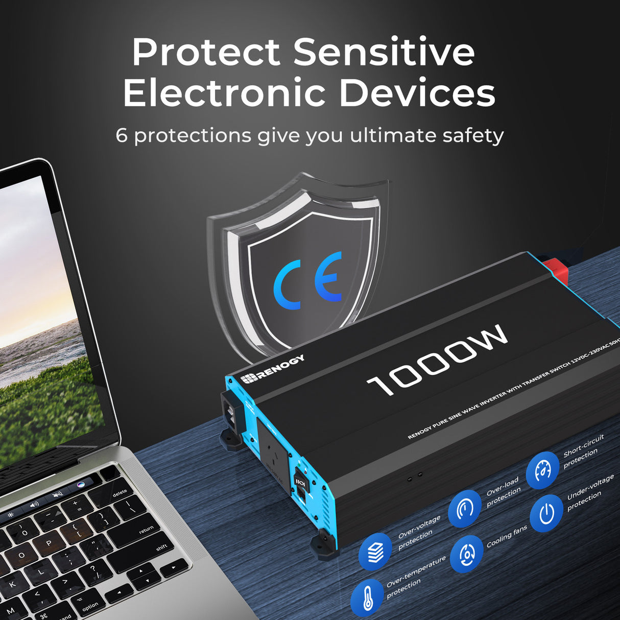 6 protection devices of 1000W 12V to 230V Pure Sine Wave Inverter