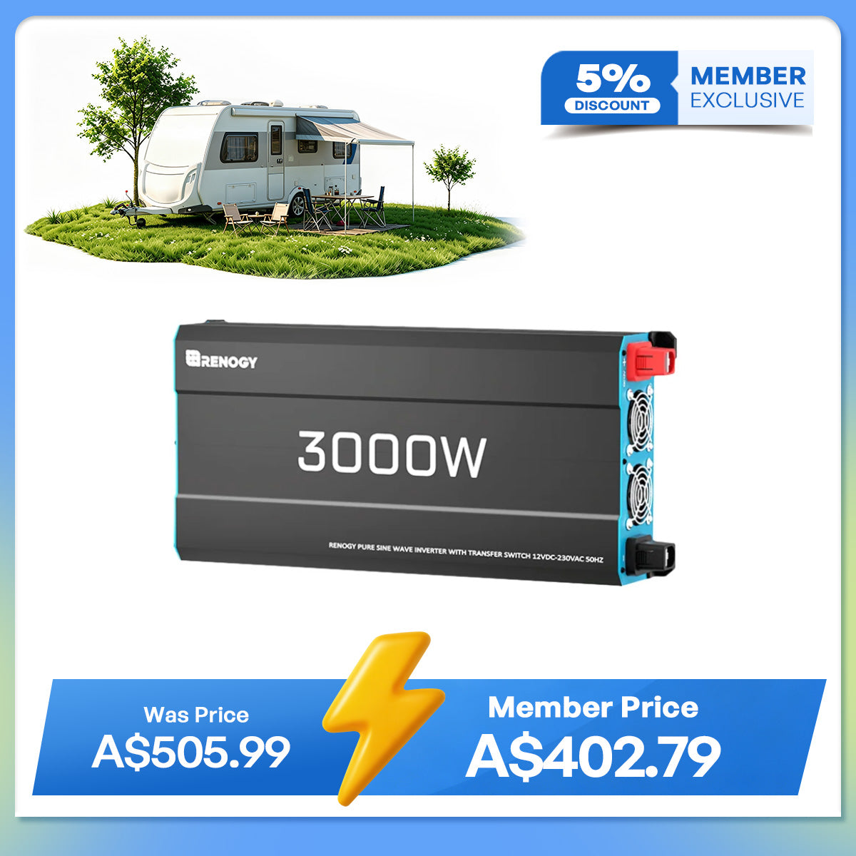 3000W 12V to 230V/240V Pure Sine Wave Inverter with UPS Transfer Switch