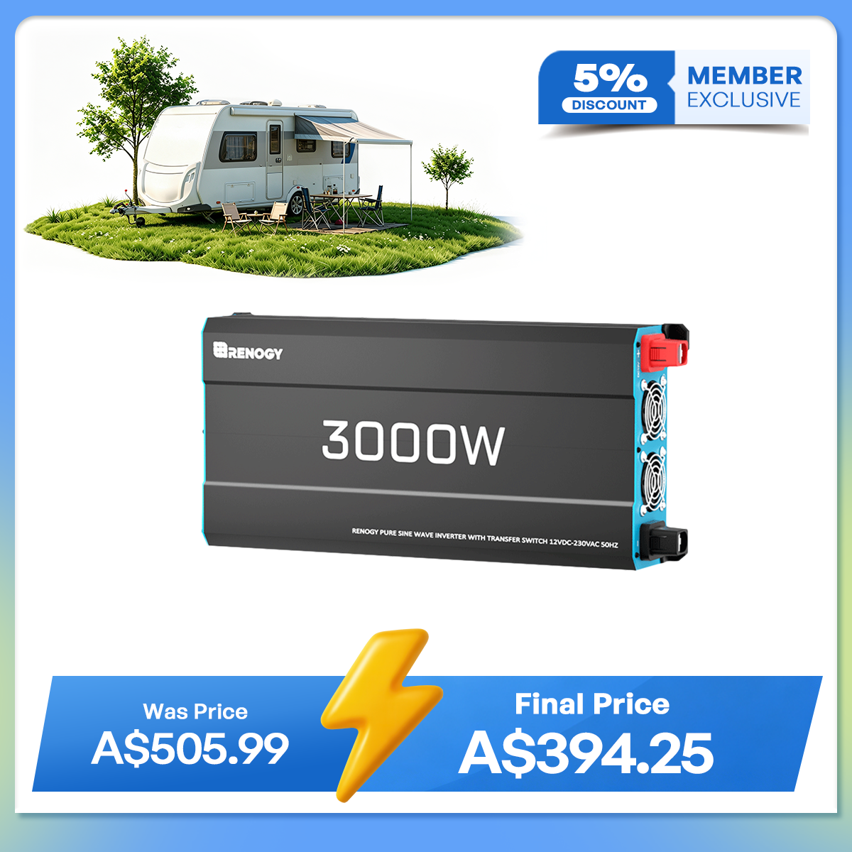 3000W 12V to 230V/240V Pure Sine Wave Inverter with UPS Transfer Switch