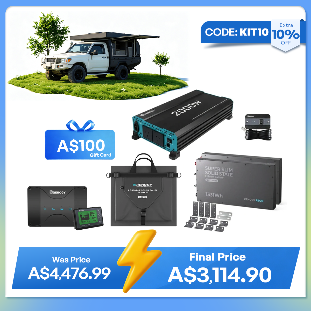 Renogy 2.56kWh Slim 4WD Power Kit | Dual 208Ah Batteries + 2000W Inverter