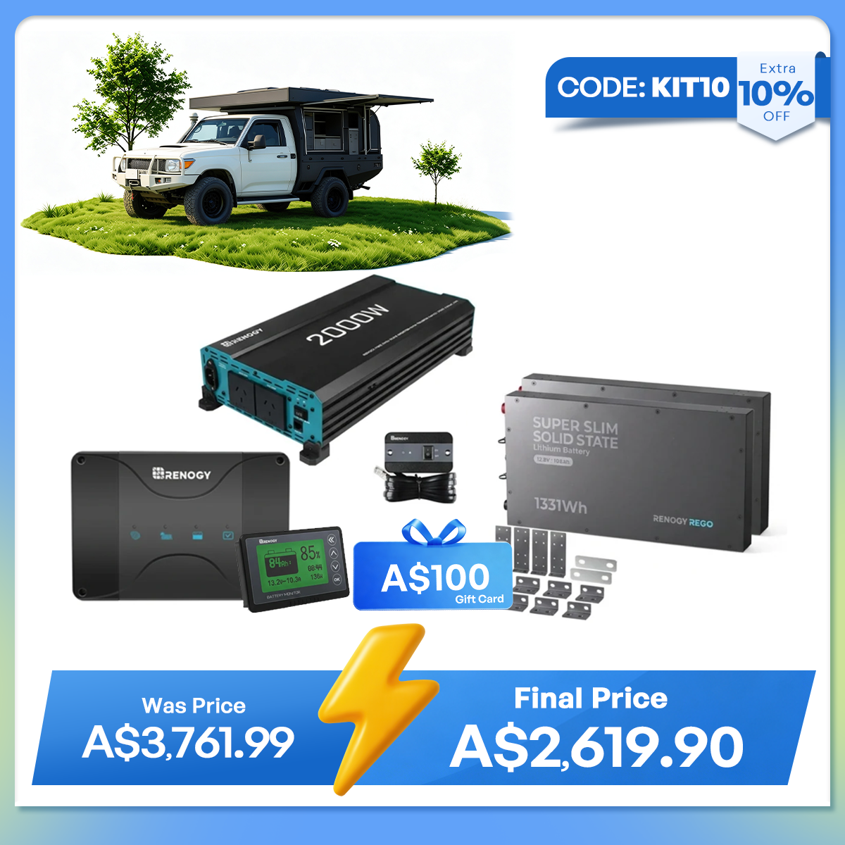 Renogy 2.56kWh Slim 4WD Power Kit | Dual 208Ah Batteries + 2000W Inverter