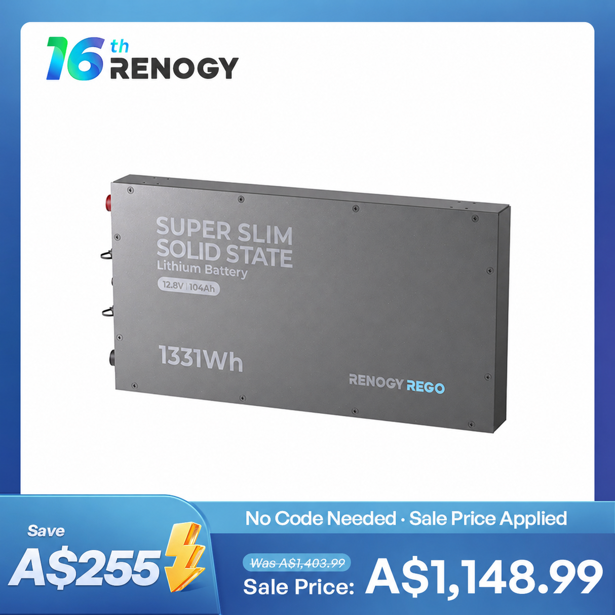 12.8V 104Ah Super Slim Slimline Lithium Iron Phosphate Battery | Rego Series