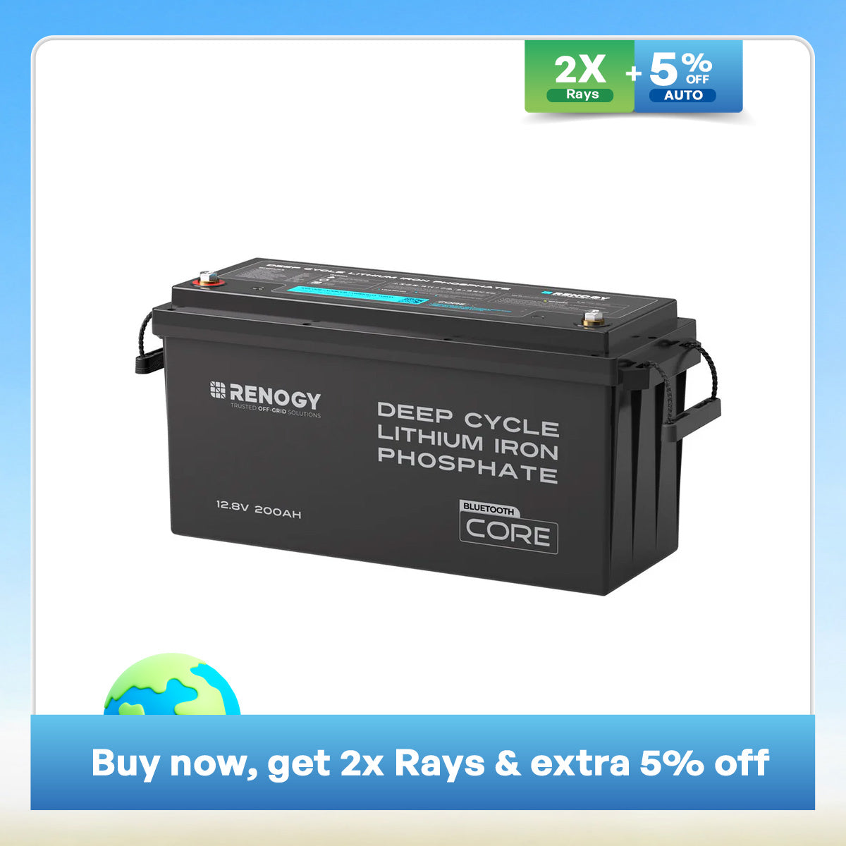 Renogy 200Ah Lithium Battery with Bluetooth App Monitoring - 12V LiFePO4 Deep Cycle Battery for Solar, RV, and Off-Grid Home Energy Storage | Core Series