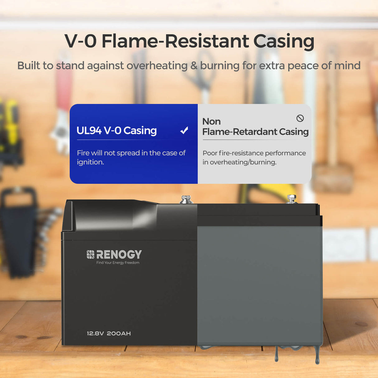 V-0 Flame-Resistant Casing with Renogy 12V 200Ah Pro Deep Cycle Lithium Iron Phosphate Battery